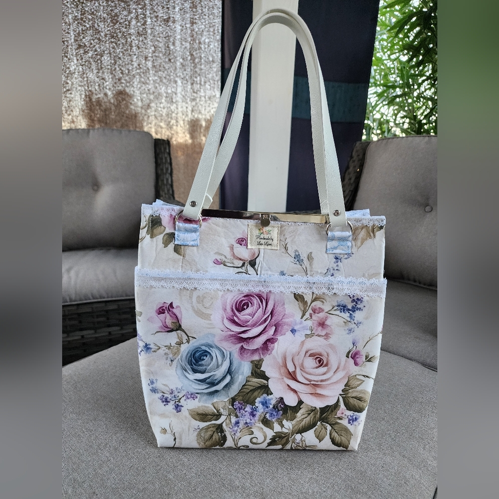 Floral Tote Bag with White Straps